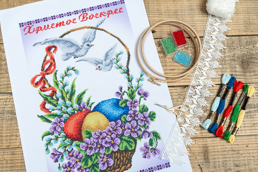 Рушник пасхальний з нанесеним малюнком бісер, габардин, 55 x 40 см