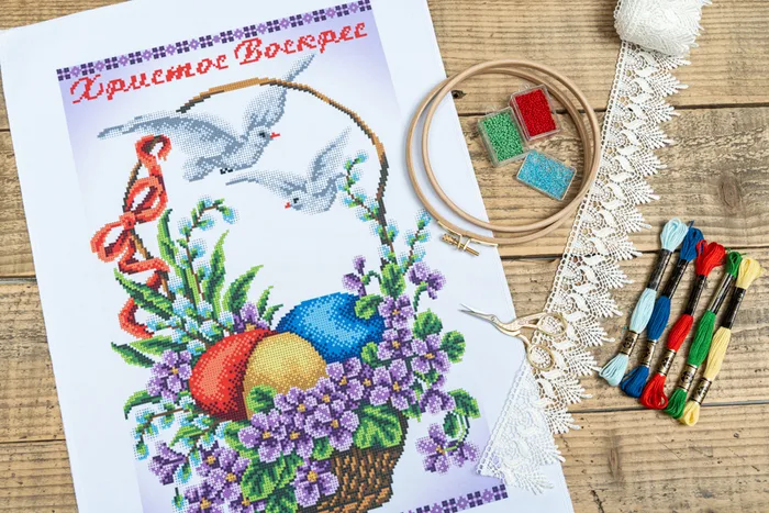 Рушник пасхальний з нанесеним малюнком бісер, габардин, 55 x 40 см